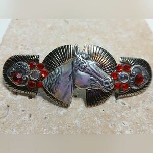 Vintage Silver Plated Barrette Horse Western Theme Bling Rhinestones